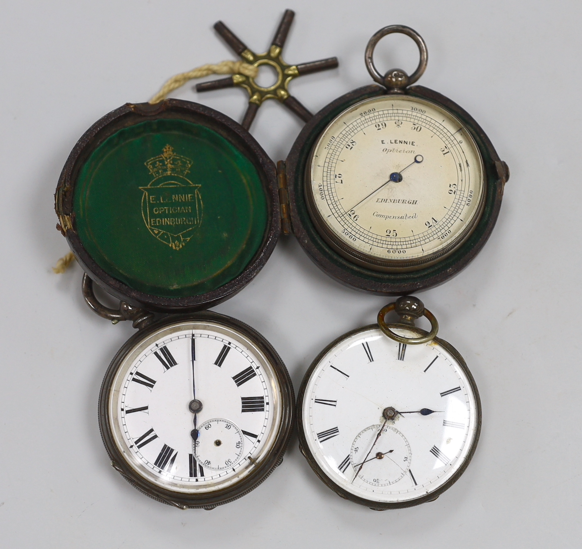 A silver cased pocket barometer, by E. Lennie of Edinburgh, diameter 50mm in original case and two open faced pocket watches, including one late Victorian silver.
